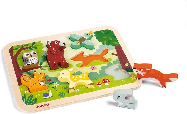 Janod — Chunky Puzzle: Animales del Bosque (madera, 7 piezas que se sostienen de pie)