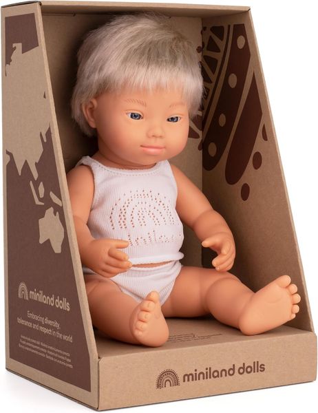 Miniland — Muñeco bebé caucásico rubio con síndrome de Down (38 cm)